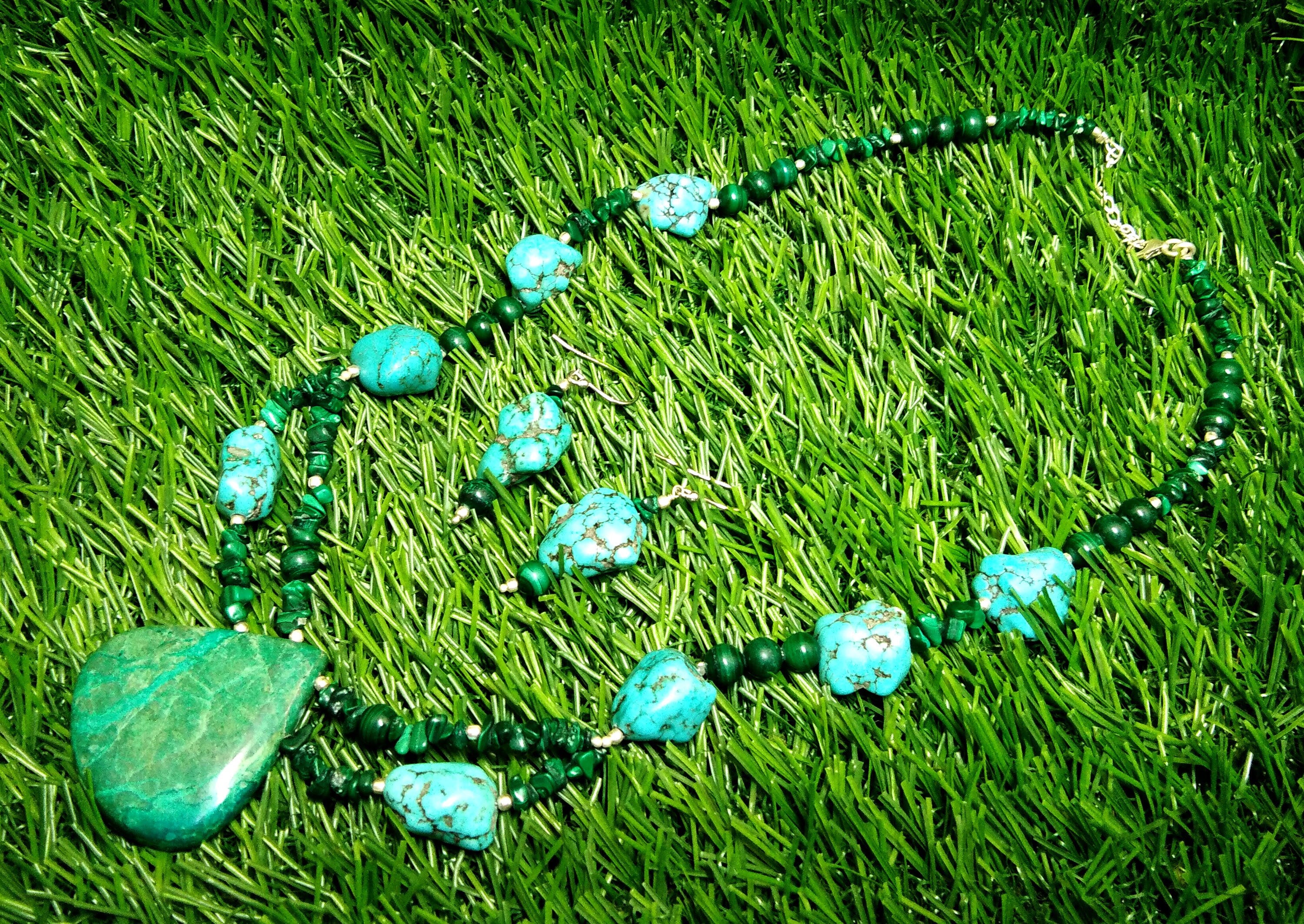 100% Natural Turquoise/Chrysocolla/Malachite Gemstone Necklace, Turquoise 925 Starling Silver Jewelry Stone Size 38x36mm to 15x12mm Necklace